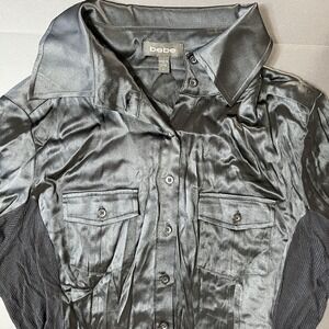 Bebe Silk Button Up Blouse Women's L Black Roll Tab Sleeve Whimsigoth Grunge Y2K